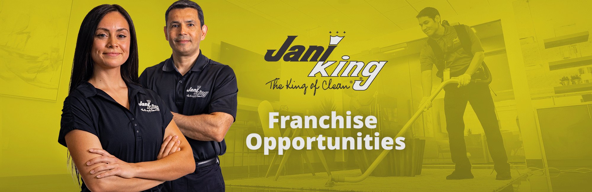 a man and woman standing in front of a yellow background