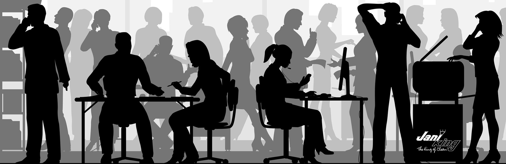Silhouettes of business people in workspaces working at their jobs.